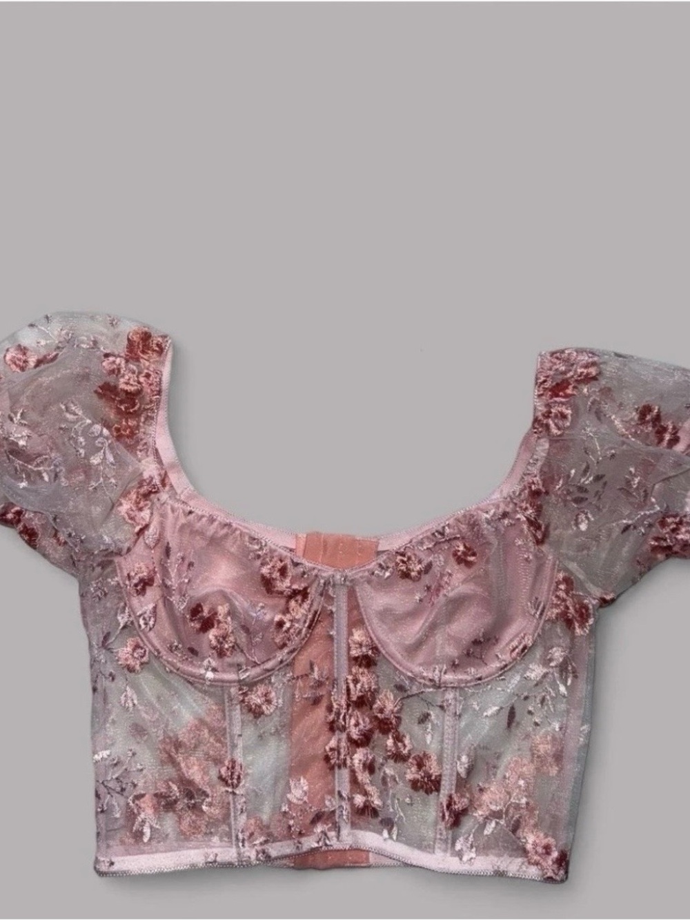 Sheer Floral Embroidered Pink Lace Bustier Top